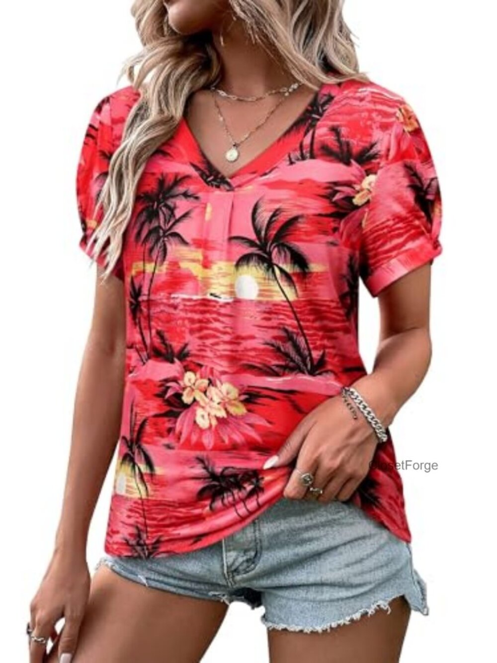 Womens Puff Short Sleeve Hawaiian Shirt Floral Tropical Pleated V-Neck Blouse
